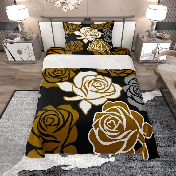 Erosebridal Black Brown Twin Sheet Sets, Romantic Rose Flower Bedding for Girls, 3 Pieces, 1 Flat Sheet 1 Fitted Sheet and 1 Pillowcase