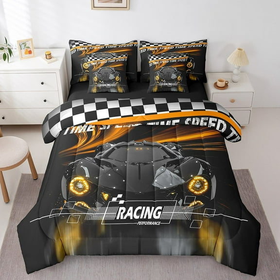Erosebridal Black Car Bedding Sets Twin Size,Extreme Sport Comforter Sets with Sheets,Geometric Buffalo Bed in a Bag Twin size,Breathable Automobile Room Decor,Reversible,7pcs