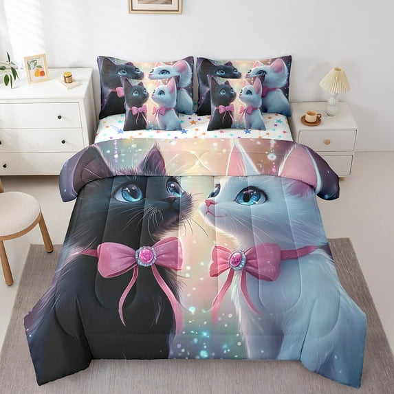 Erosebridal Black Cat Bedding Sets Twin Size, White Kitten Comforter Sets with Sheets, Kawaii Animal Decor, Reversible 7-Piece