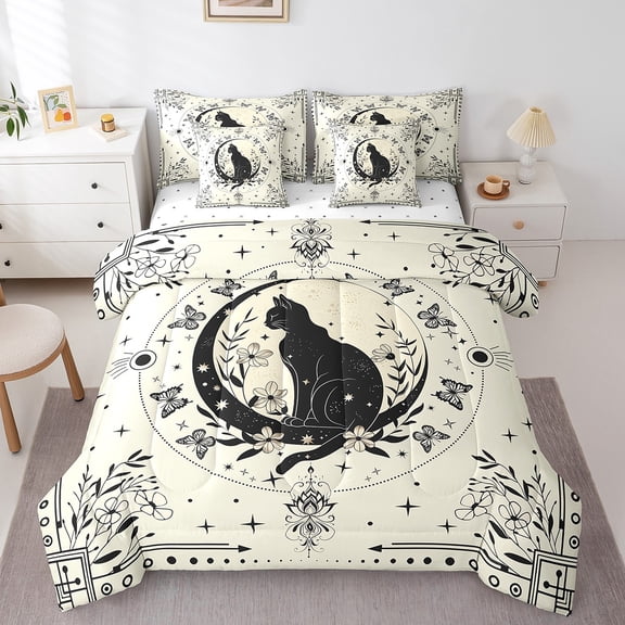 Erosebridal Black Cat Bedding Twin Size, Boho Kitten Animal Bedding Sets Twin Size, Vintage Rose Reversible Comforter Sets with Sheets, Lightweight Bedroom Decoration, 7pcs