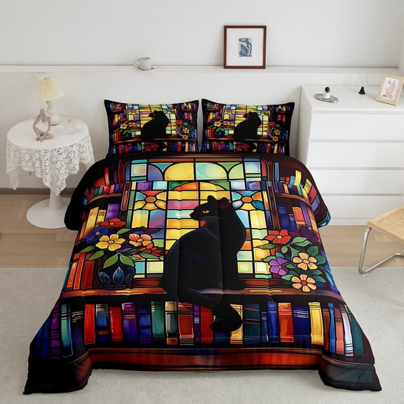 Erosebridal Black Cat Comforter Sets King Size, Boho Bookshelf Comforters & Duvets, Hippie Flower Reversible Duvet Insert, Super Cozy Room Decoration, 3 Pieces