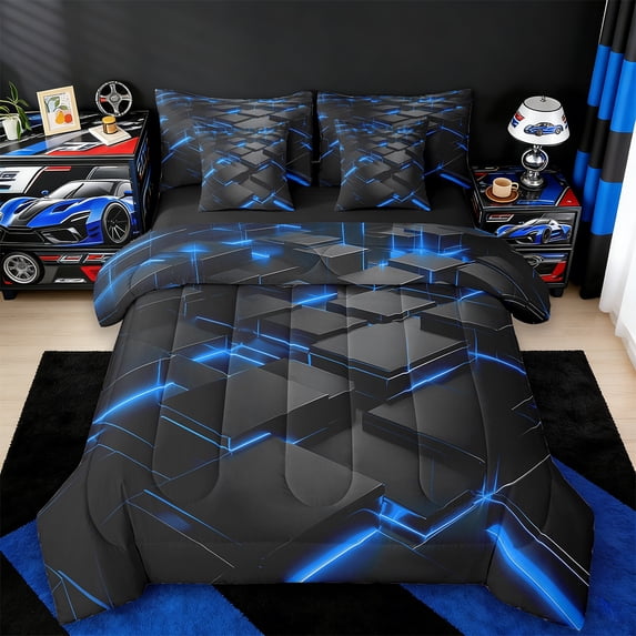 Erosebridal Black Checkered Bedding Sets Full Size,Abstract Geometry Comforter Sets with Sheets,Neon Blue Bed in a Bag Full Size,Breathable Room Decor Reversible,7pcs