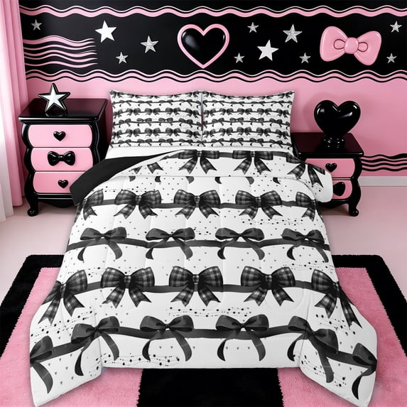 Erosebridal Black Coquette Bowknot Queen Comforter Set,Modern Geometric Striped Bedding Comforter Set For Girls Kids,Reversible black,3 Pieces