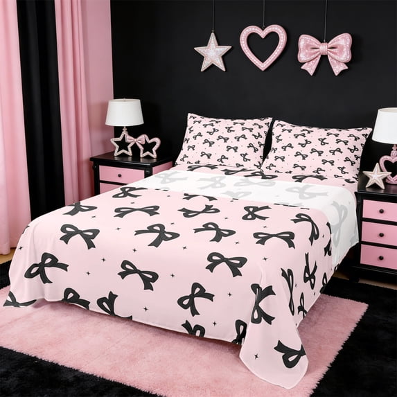 Erosebridal Black Coquette Bowtie Girls Bed Sheets,Cute Bowknot King Sheets For Kids 4pcs