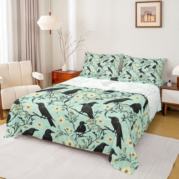 Erosebridal Black Crow Queen Sheet Sets,Cute Daisy Rustic Flower Bed Set For Boys Teens 4-Piece