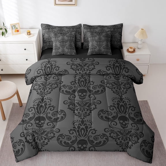 Erosebridal Black Damask Floral Bedding Sets Twin Size, Gothic Skull Print Comforter Sets with Sheets, Bohomian Hippie Decor, Reversible