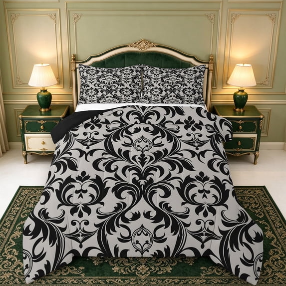 Erosebridal Black Damask Full Size Comforter Sets,Nature Art Bedding Comforter Set,3 Pieces,1 Comforter and 2 Pillowcases,Black Reversible
