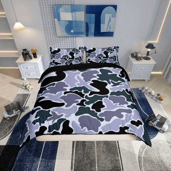 Erosebridal Black Dark Lavender Gray Comforter Cover King, Abstract Camouflage Camo Bedding King Size, Reversible 3 Pieces (No Comforter)