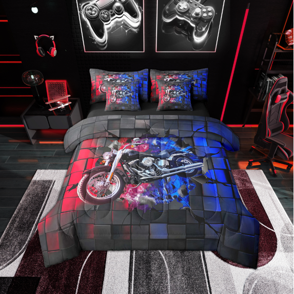 Erosebridal Black Dirt Bike Bed in a Bag Full size,Geometric Plaid Bed Set,Extreme Sports Bedding Full Size,Microfiber Buffalo Room Decor,Reversible,7pcs