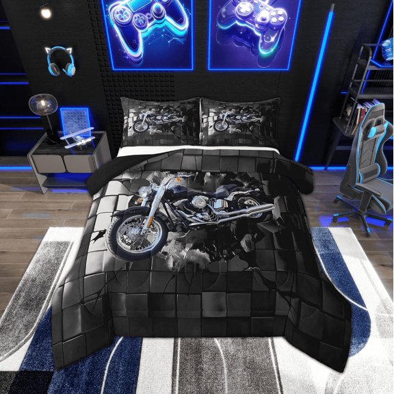 Erosebridal Black Dirt Bike Bedding Twin Comforter Set,Geometric Plaid Down Comforter,Extreme Sports Bedding Sets Twin with Comforter,Microfiber Buffalo Room Decor,Reversible,2-Piece