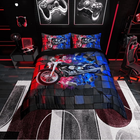 Erosebridal Black Dirt Bike Comforter Cover Twin,Geometric Plaid Bedding Twin Size,Extreme Sports Duvet Cover Twin,Microfiber Buffalo Room Decor,Reversible,3pcs(No Comforter)