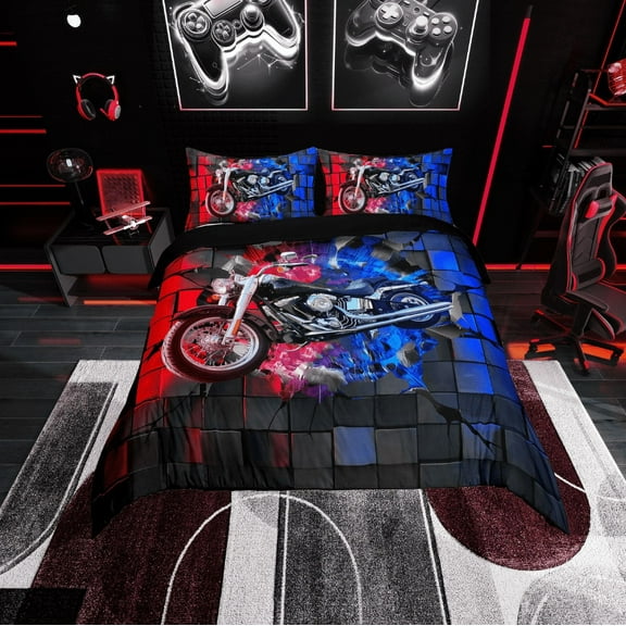 Erosebridal Black Dirt Bike Comforter Cover Twin,Geometric Plaid Bedding Twin Size,Extreme Sports Duvet Cover Twin,Microfiber Buffalo Room Decor,Reversible,3pcs(No Comforter)