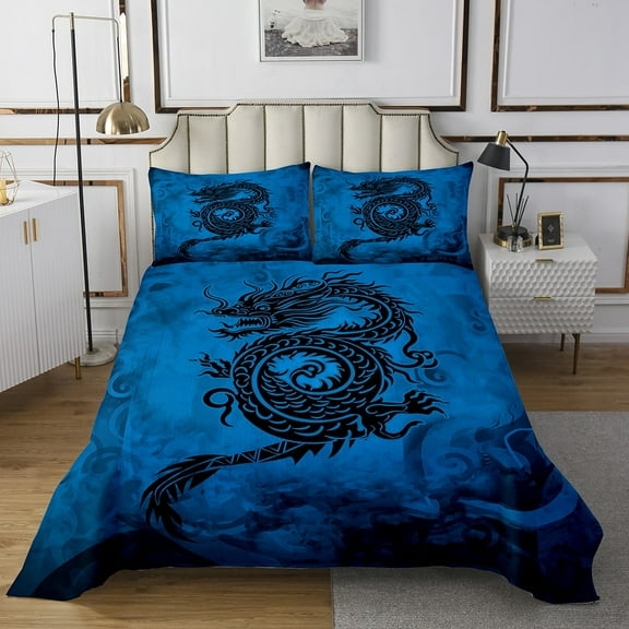 Erosebridal Black Dragon Bedspread Sets Twin Size s, Wildlife Bed Quilt, Blue Black 2pcs