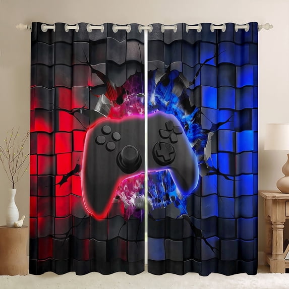 Erosebridal Black Gamepads Curtains Pack of 2 (42Wx63L),Video Game 30%-50% Black Out Curtains,Blue Red Curtains for Living Room (42Wx63L),Gamer Room Decor