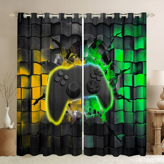 Erosebridal Black Gamepads Curtains Pack of 2 (42Wx63L),Video Game 30%-50% Black Out Curtains,Golden Green Curtains for Living Room (42Wx63L),Gamer Room Decor