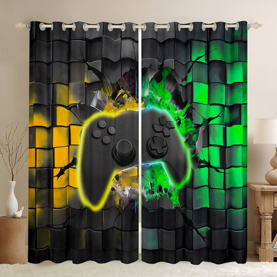 Erosebridal Black Gamepads Curtains Pack of 2 (52Wx84L),Video Game Curtains for Living Room (52Wx84L),Golden Green 30%-50% Blackout Curtains for Bedroom,Gamer Room Decor