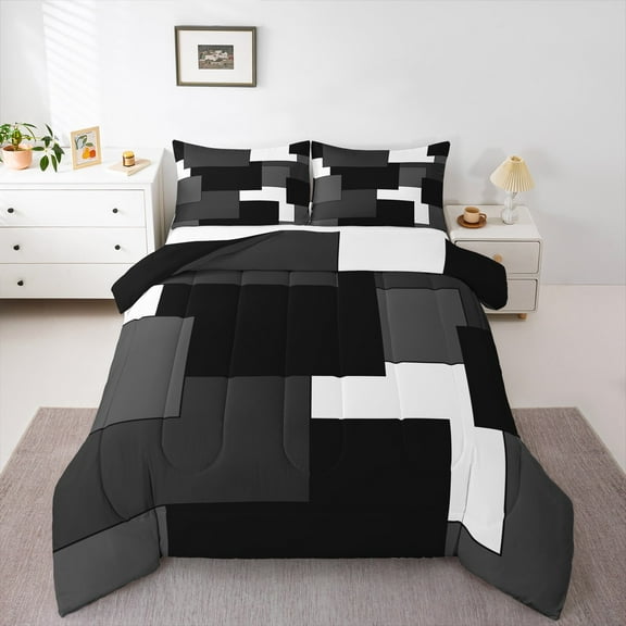 Erosebridal Black Geometric Bedding Sets Twin with Comforter, Chic Rectangle Duvet Insert, Modern Fashion Reversible Comforter Sets Twin Size, Ultra Soft Room Decor, 2-Piece