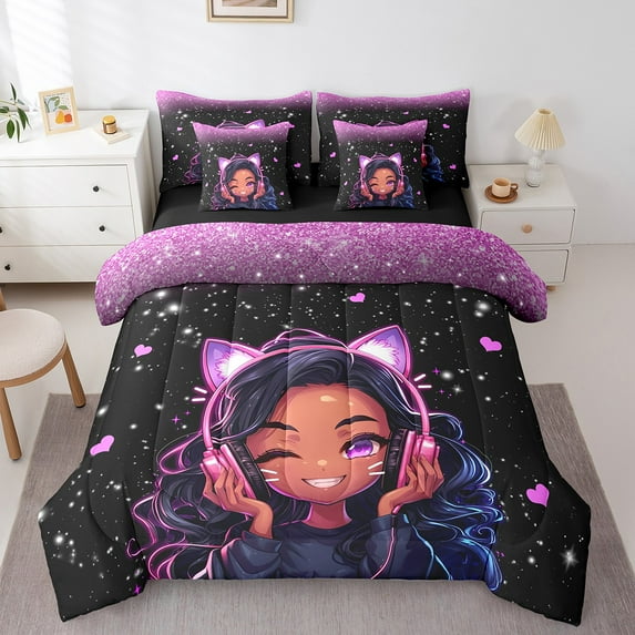 Erosebridal Black Bedding Sets Twin Size,Kawaii Anime Princess Comforter Sets with Sheets,Glitter Bedroom Decor,Reversible,7pcs
