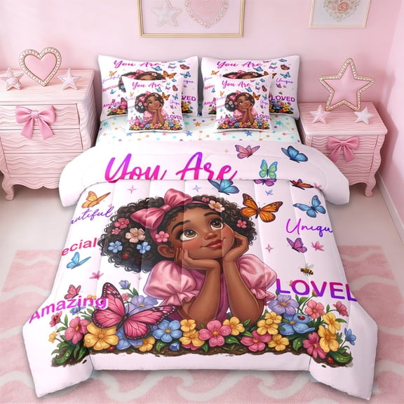 Erosebridal Black Girls 7pcs Bedding Comforter Set,Colorful Cute Flowers Kawaii Butterfly Queen Bedding Sets For Kids,Reversible