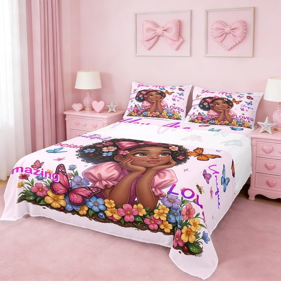 Erosebridal Black Girls Queen Sheet Sets,Colorful Cute Flowers Kawaii Butterfly Bed Set For Kids 4-Piece