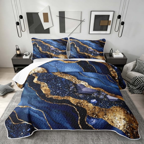 Erosebridal Black Gold Blue Bed Spread Queen, Modern Marble Queen Coverlet Set, 3pcs 1 Quilt and 2 Pillowcases