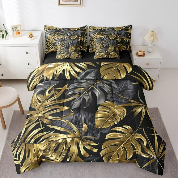 Erosebridal Black Gold Leaves Bedding Sets Queen Size,Botanical Palm Tree Comforter Sets with Sheets,Tropical Plant Bed in a Bag Queen Size For Men Women,Lightweight Room Decor Reversible,7-Piece
