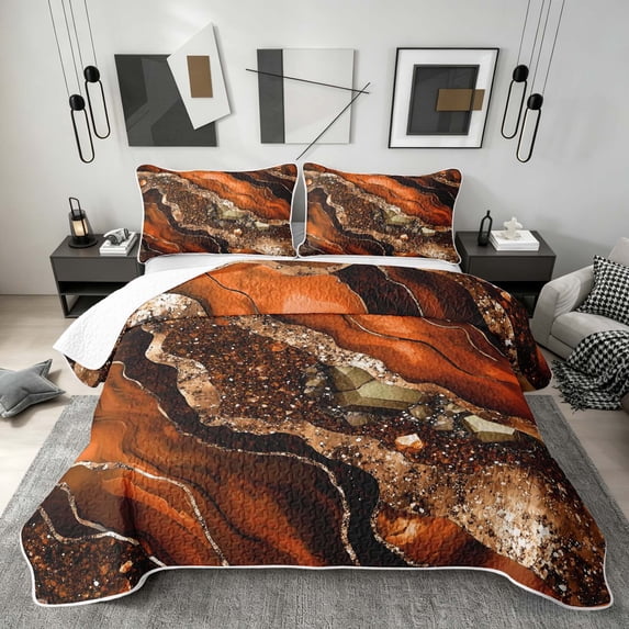 Erosebridal Black Gold Orange Quilt King, Watercolor Marble King Coverlet Set, 3pcs 1 Bedspread and 2 Pillowcases