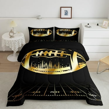 Erosebridal Black and Gold Soccer Bedding Sets Full Football Comforter Bedroom Sport Quilted Duvet Ball Gamer Bedding Comforter Sets for Teen Men Ultra Soft All-Season Quilt Set 3pcs