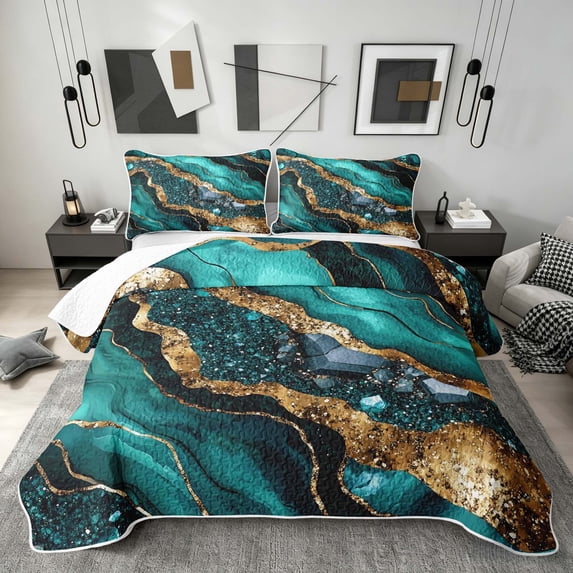 Erosebridal Black Gold Teal Quilt King, Aesthetic Marble King Coverlet Set, 3-Piece 1 Bedspread and 2 Pillowcases