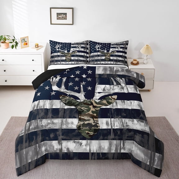 Erosebridal Black Gray American Flag Comforter Sets King Size, Camouflage Elk Comforters & Duvets, July Fourth Bedding King Comforter Set, Lightweight Room Decorative, 3-Piece