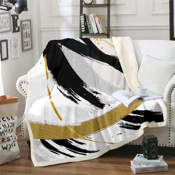 Erosebridal Black Grey Gold Blanket Brush Strokes Oil Painting Throw Blanket for Bed, Gradient Abstract Vintage Fleece Blanket Ombre Graffiti Sherpa Blanket, Contemporary Modern Fuzzy Blanket