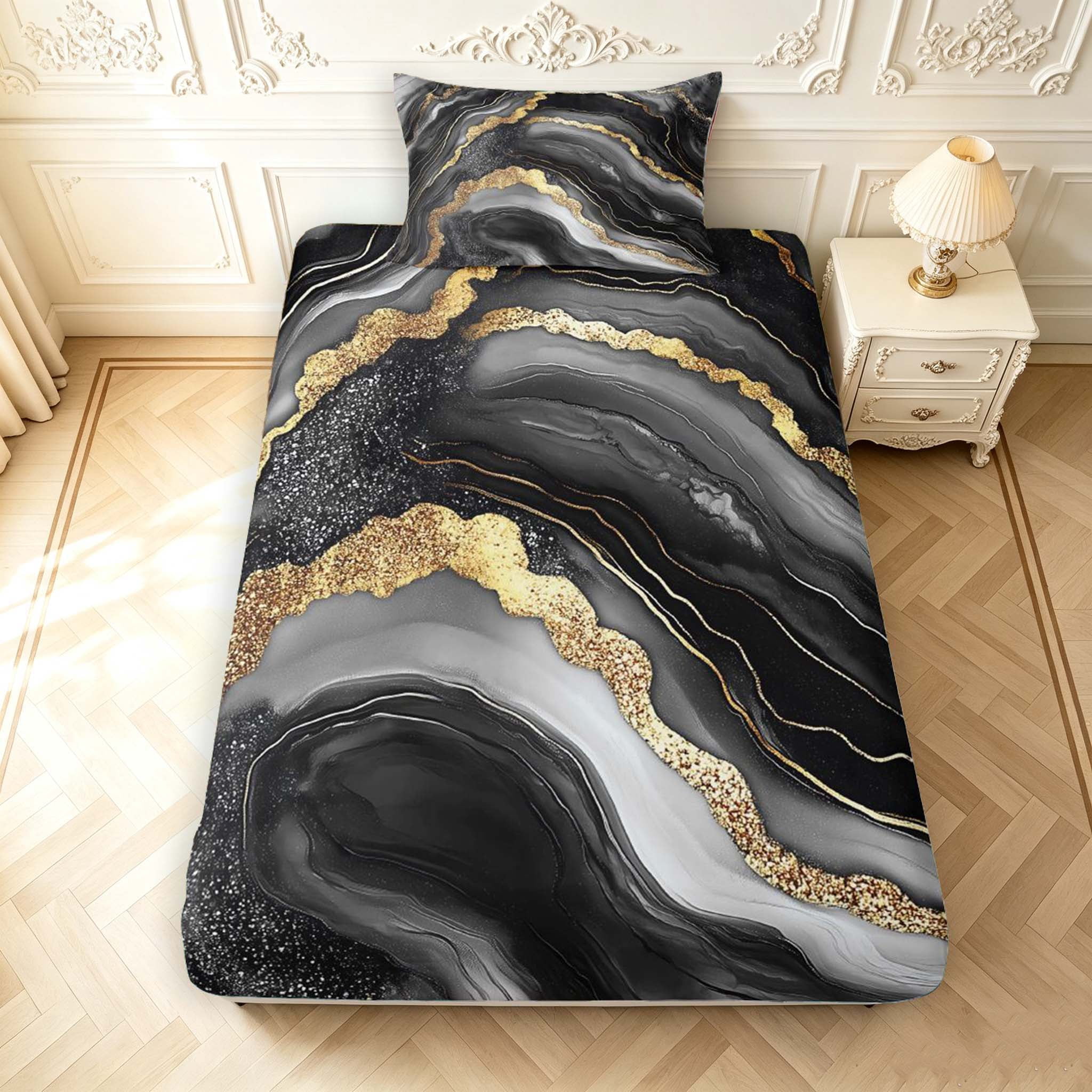 Flow Sheets Erosebridal Black Grey Marble Swirl Gold Fitted Sheet Full,Modern White ...
