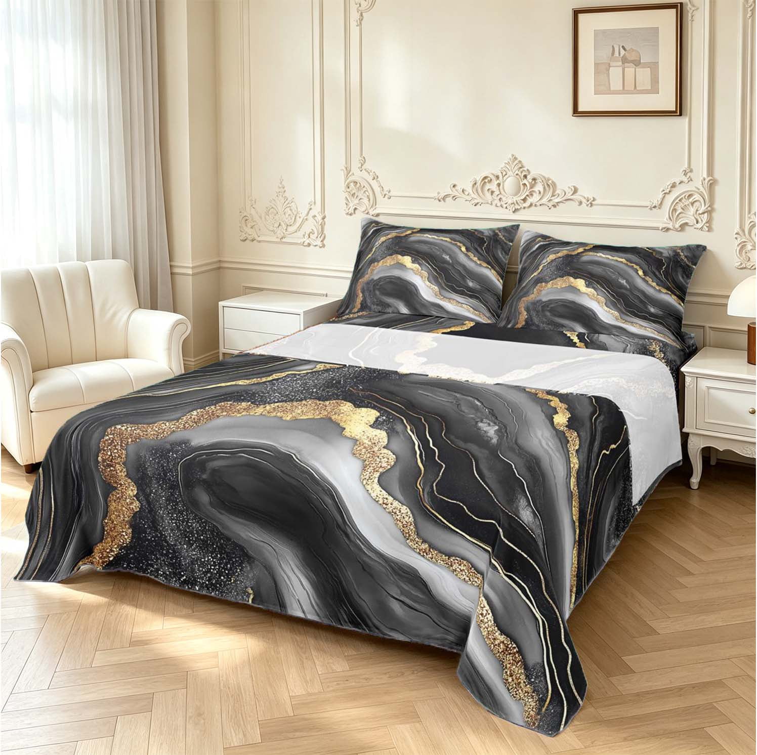 Flow Sheets Erosebridal Black Grey Marble Swirl Gold King Sheets,Modern White ...