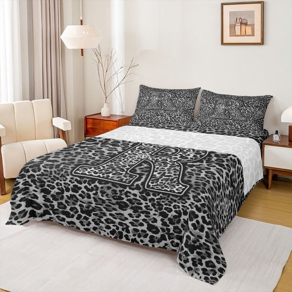 Erosebridal Black Grey Personalized R Initial Bed Sheets 4pcs For Teens,Boys Girls Animal Leopard Print King Sheets,Lightweight Room Decor