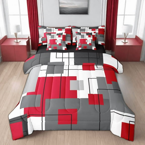 Erosebridal Black Grey Red Comforter Set 7 Piece Queen Geometry Square Bed In A Bag With Sheets Adults Modern Abstract Geometric Stripes Bedding Set Black Line Bed Set White