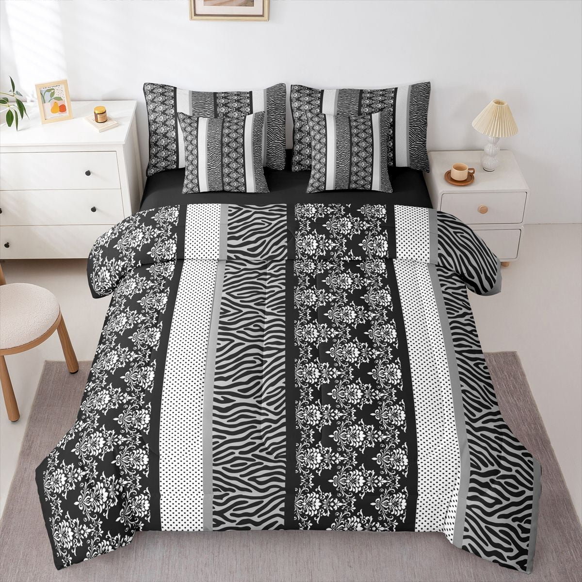 Erosebridal Black Grey Zebra Print Bedding Comforter Set 7 Pieces For ...