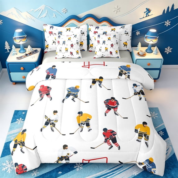 Erosebridal Black Hockey Puck 7 Pieces Full Size Bedding Sets,Modern Ice Skater Full Size Bed in a Bag,Light Gray Reversible