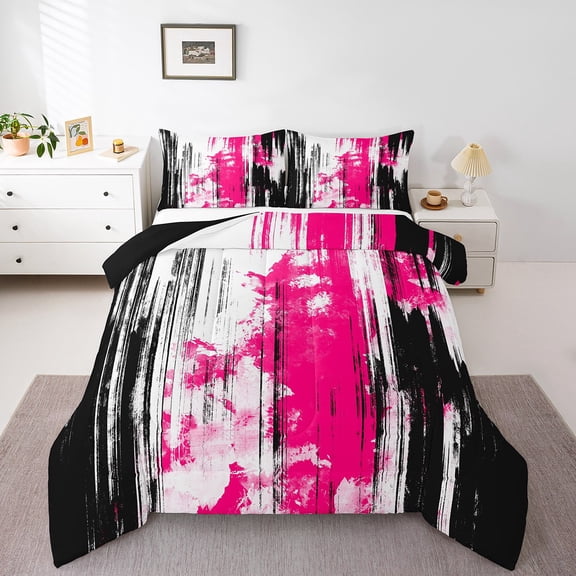 Erosebridal Black Hot Pink White Bedding Sets King with Comforter, Modern Ombre Watercolor Duvet Insert, Abstract Room Decor, Reversible 3pcs