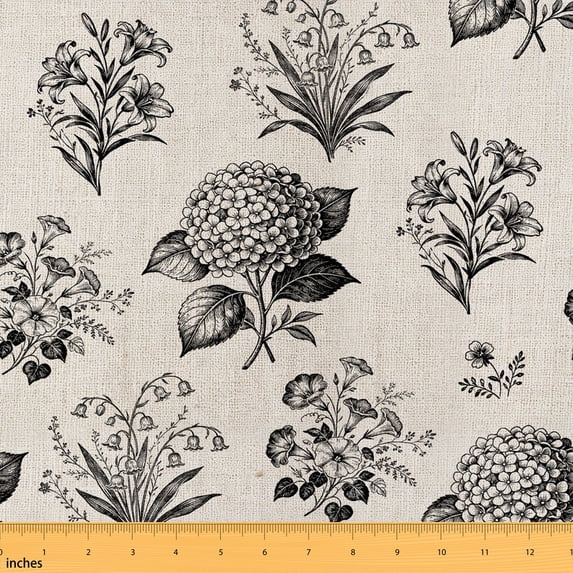 Erosebridal Black Hydrangea Botanical Sketch Fabric by the Yard 3 Yards, Lily Of Valley Morning Glory Pattern Room Decor Fabric by the Yard