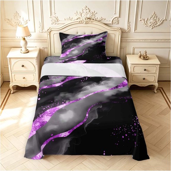 Erosebridal Black Marble Cloud Purple Twin Sheets,Modern Grey Marbling Wave Bedding,3 Pieces,1 Flat Sheet,1 Fitted Sheet and 1 Pillowcase