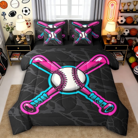 Erosebridal Black Marble Pink & Cyan Neon Baseball & Bat Graphic Bedding Comforter Set 7-Piece, Sport Graphic King Bedding Sets for Boys And Girls Kids,Black Reversible,Lightweight Room Decor
