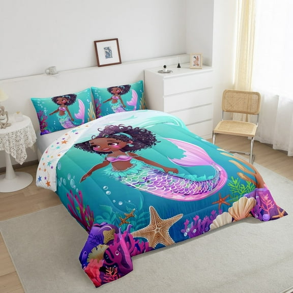 Erosebridal Black Mermaid Comforter Set Full Black Princess Bedding Sets Cute Ocean Mermaid Bed Comforter Sets American African Quilt Set Marine Life Room Decor 2 Pillow Cases