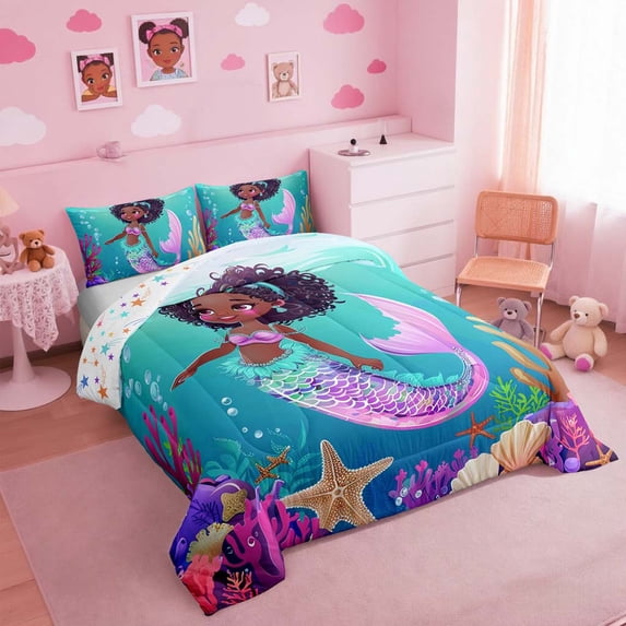 Erosebridal Black Mermaid Comforter Set Full Black Princess Bedding Sets Cute Ocean Mermaid Bed Comforter Sets American African Quilt Set Marine Life Room Decor 2 Pillow Cases