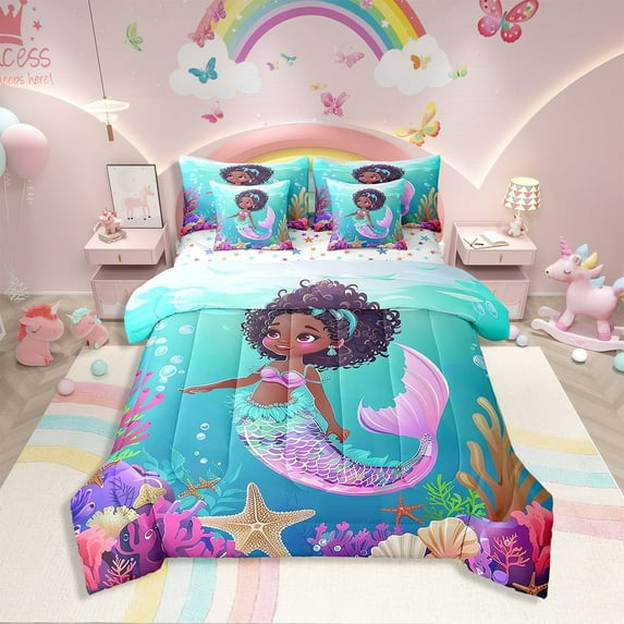 Erosebridal Black Mermaid Comforter Set With Sheets 7 Piece Full Black Princess Bed In A Bag Cute Ocean Mermaid Bedding Set For Little American African Bed Set Marine Life Room Decor