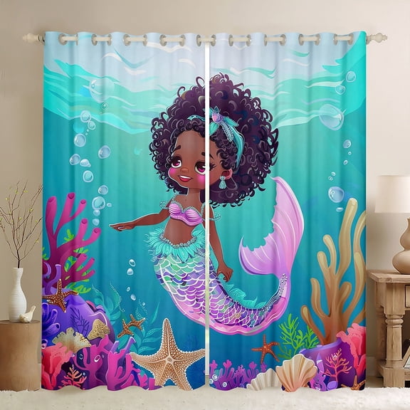 Erosebridal Black Mermaid Blackout Curtains Room 38"Wx54"L Mermaid Princess Window Curtains Cute Ocean Theme Curtains & Drapes American African Curtains 2 Panels Marine Life Decor