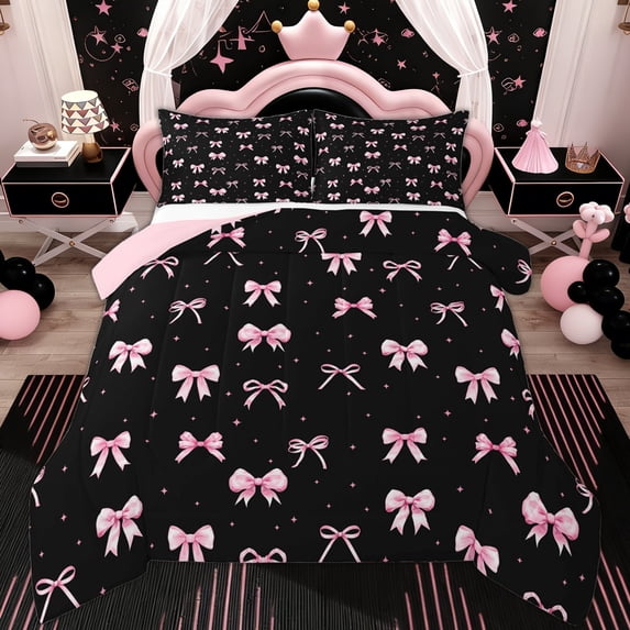 Erosebridal Black Pink Bow Full Size Comforter Sets, Girly Princess Cartoon Bedding Sets, 3pcs