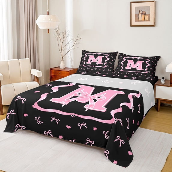 Erosebridal Black Pink Bow Full Size Sheets for Girls, Cartoon Letter M Bed Sheets, 4pcs