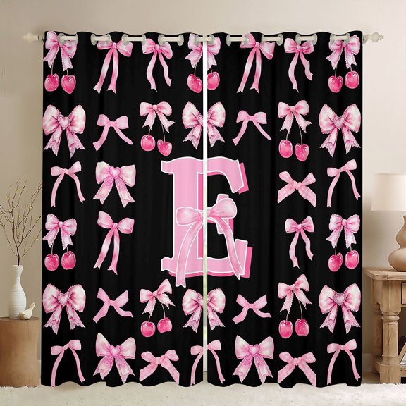 Erosebridal Black Pink Bow Girl Black Out Curtains, Initial E Letter Curtains Pack of 2 (42x63 Each)