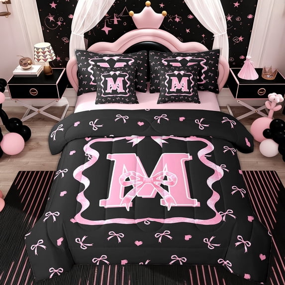 Erosebridal Black Pink Bow Twin Bedding Sets 7-Piece for Girls, Cartoon Letter M Bedding Comforter Set