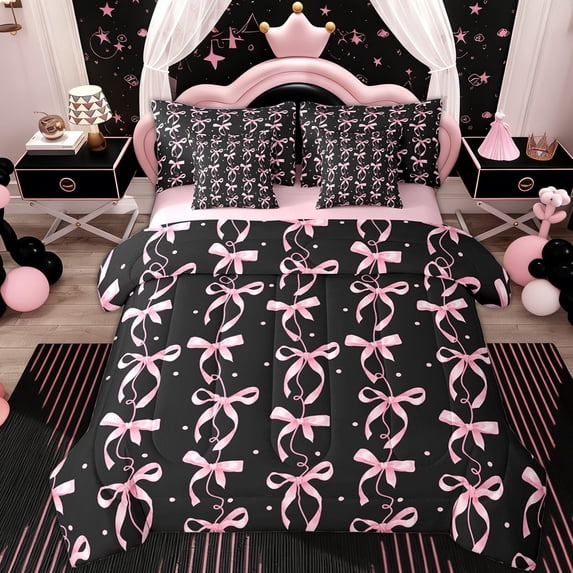 Erosebridal Black Pink Bow-tie Girls Bedding Comforter Set 7 Pieces, Princess Style Full Bedding Set